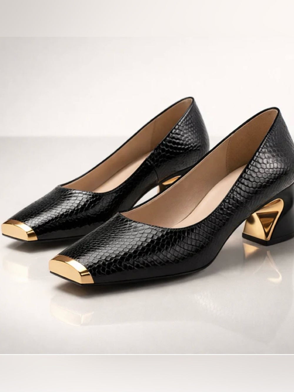 NWOT Black Patent Croc Square-Toe  block heels with Gold Toe Trim
